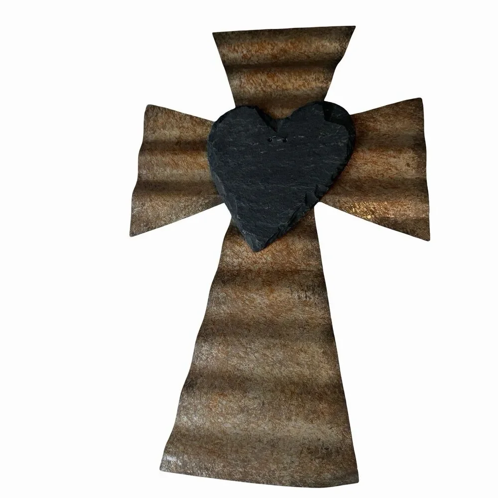 Silver Rustic Corrugated Farmhouse Cross With Slate Chalkboard Rock Heart Wall